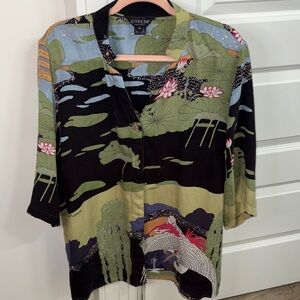 CITRON Asian-inspired silk blouse with an oriental print cranes lotus size 3X